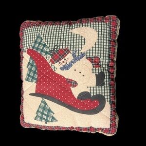 VINTAGE Handmade Snowman Sleigh Square Throw Pillow
